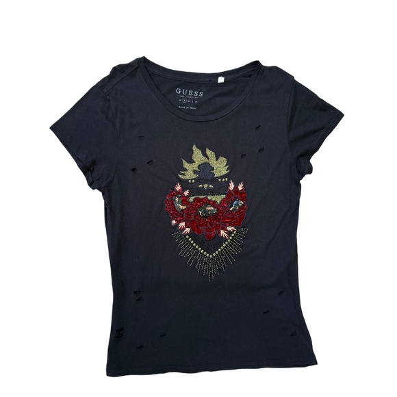 (NWOT) GUESS Black Metallic Studded T-Shirt | Velvet Appliqué Ripped Tee | Small - Picture 1 of 4